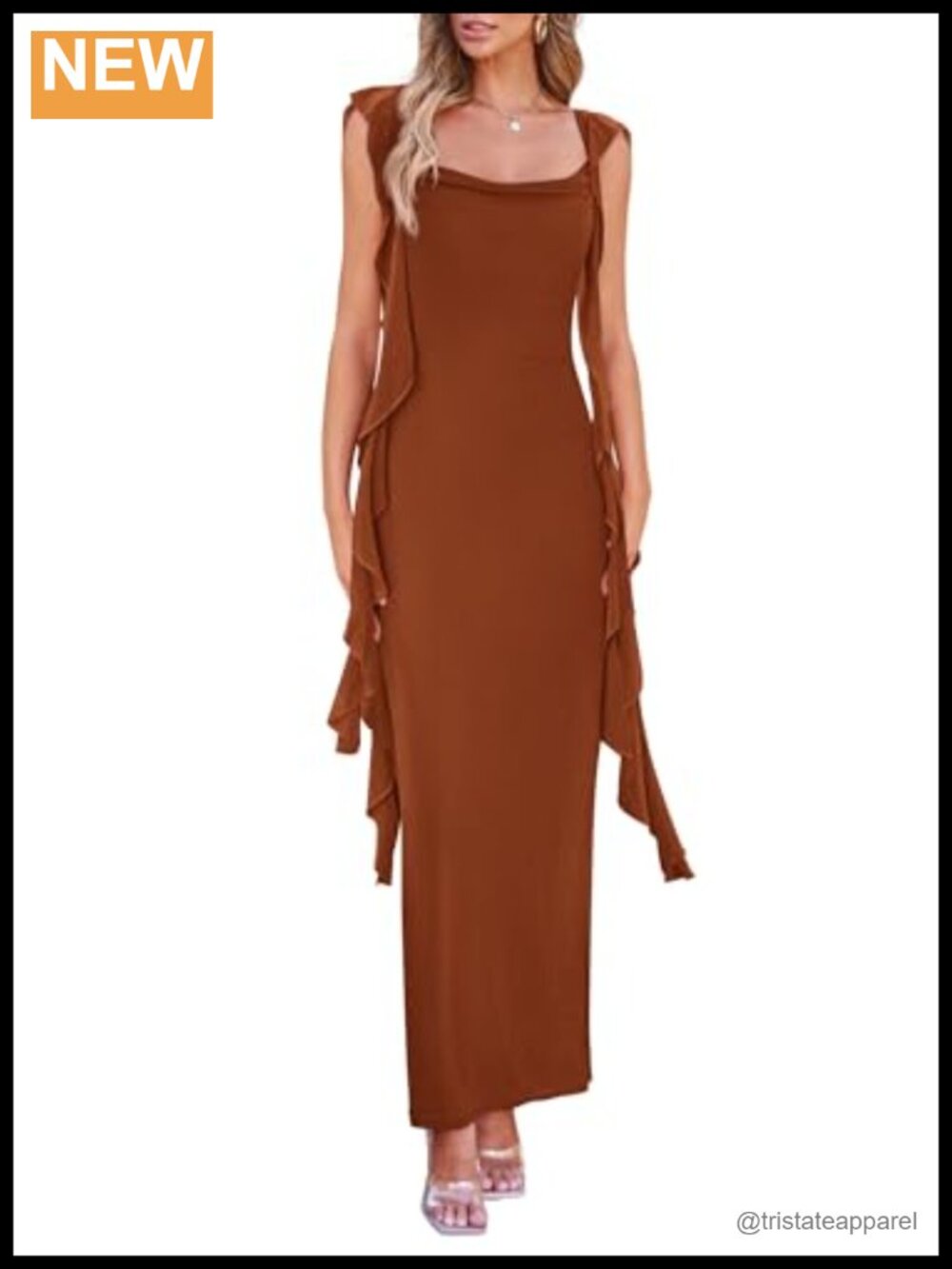 Ruffle Bodycon Maxi Dress Sweetheart Neck Cap Sleeve Open Back